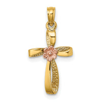 14k Two-Tone Twisted Cross w/ Flower Charm