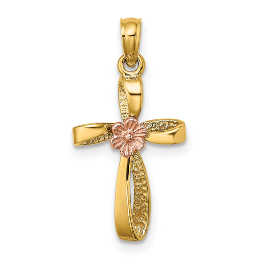14k Two-Tone Twisted Cross w/ Flower Charm