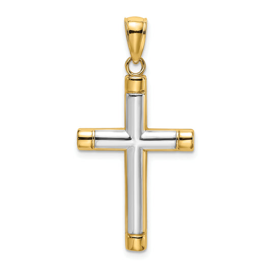 14K W/ Rhodium Polished Tubular Cross Charm
