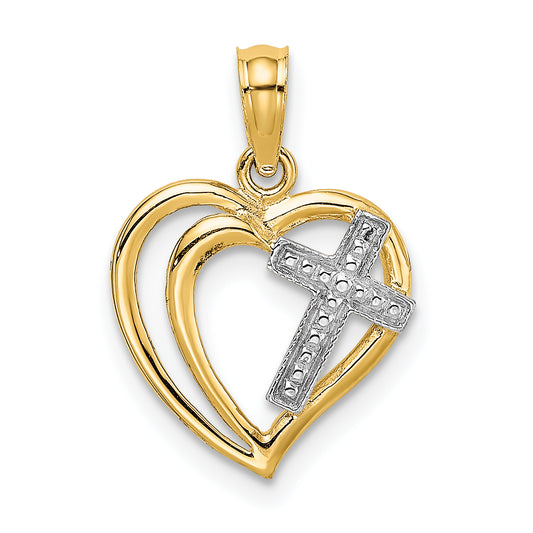 14K W/ Rhodium Cross In Heart Charm