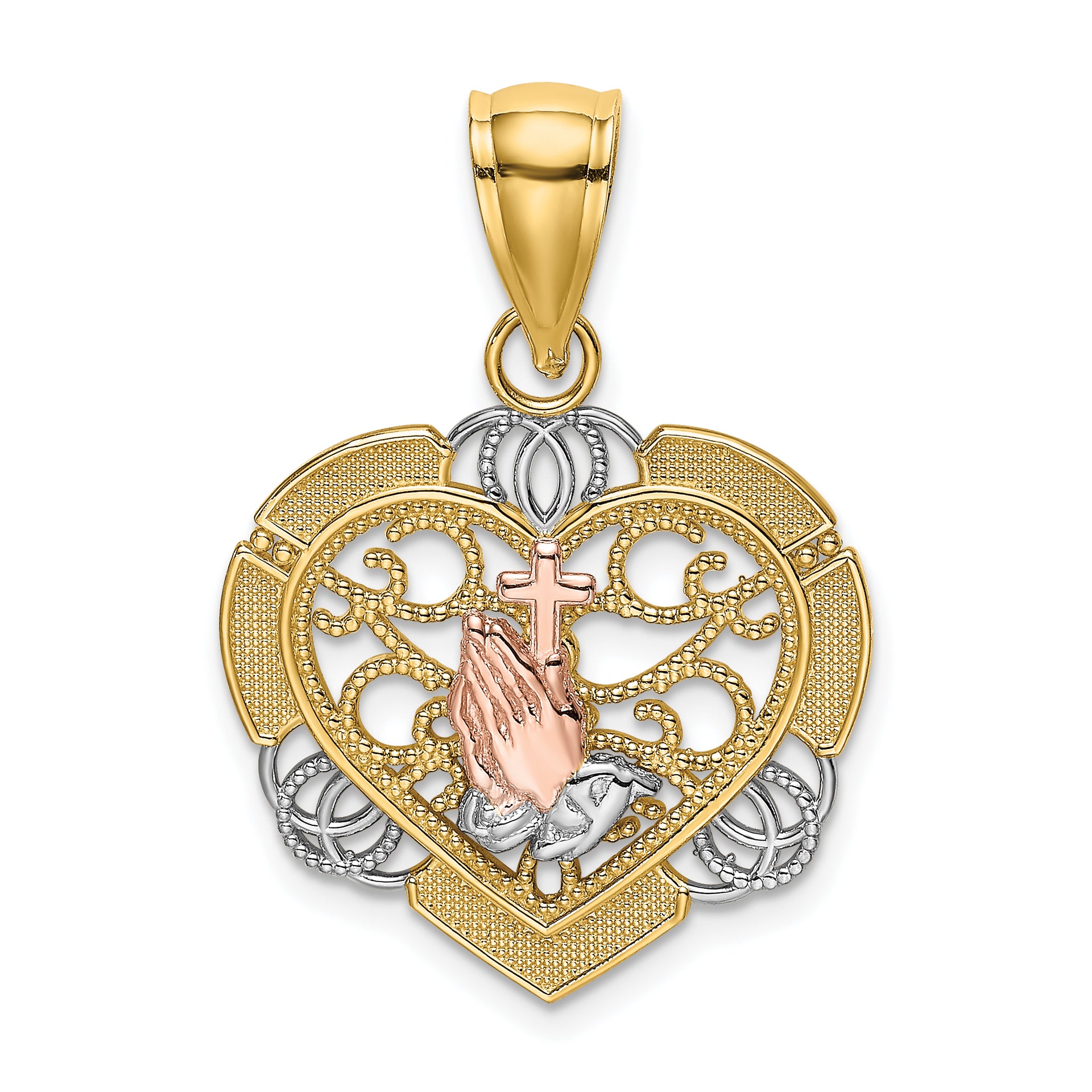 14K Two-tone w/White Rhod Praying Hands and Cross Heart Charm