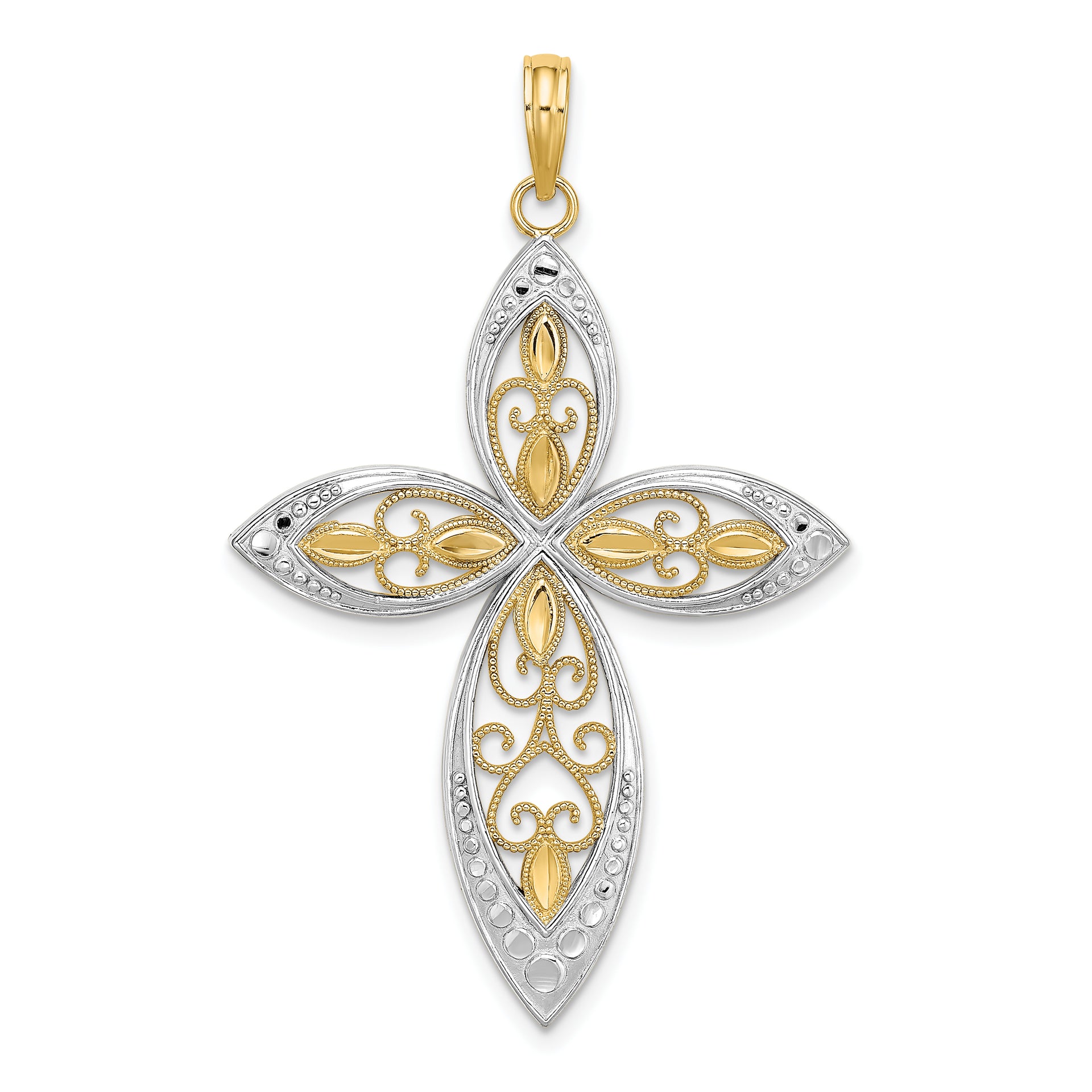 14K W/ Rhodium Beaded Filigree Cross Charm