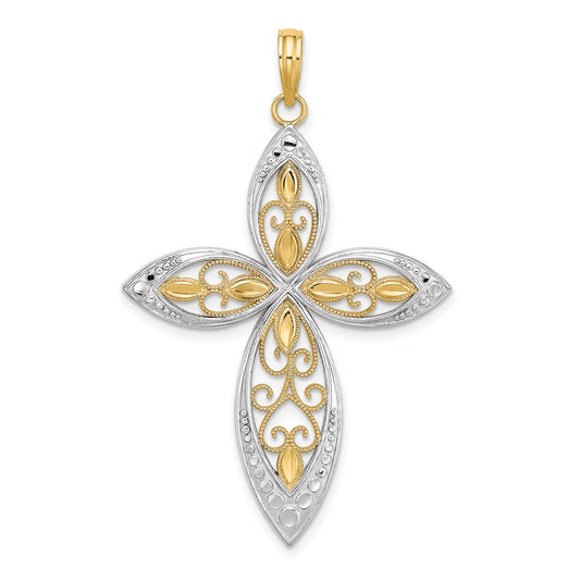 14K W/ Rhodium Beaded Filigree Cross Charm
