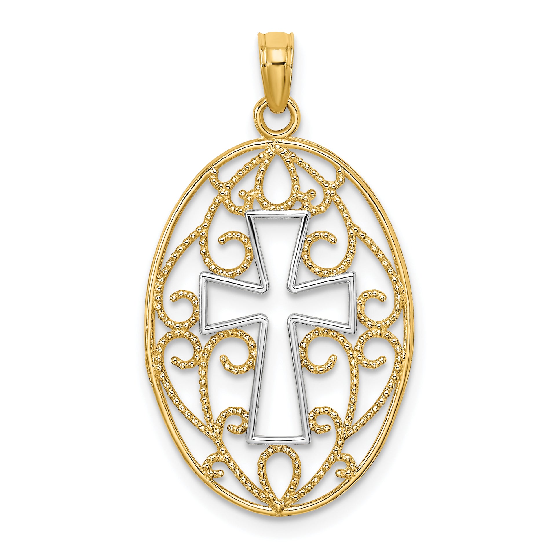 14K w/Rhodium Beaded Filigree Cross Charm