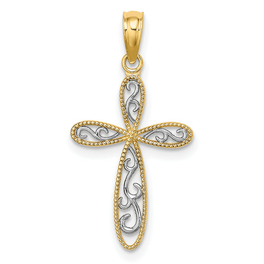 14K w/ Rhodium Filigree and Milgrain Cross Charm