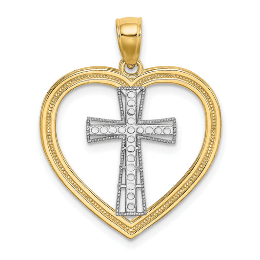 14K & White Rhodium Heart W/White Cross In Center Charm