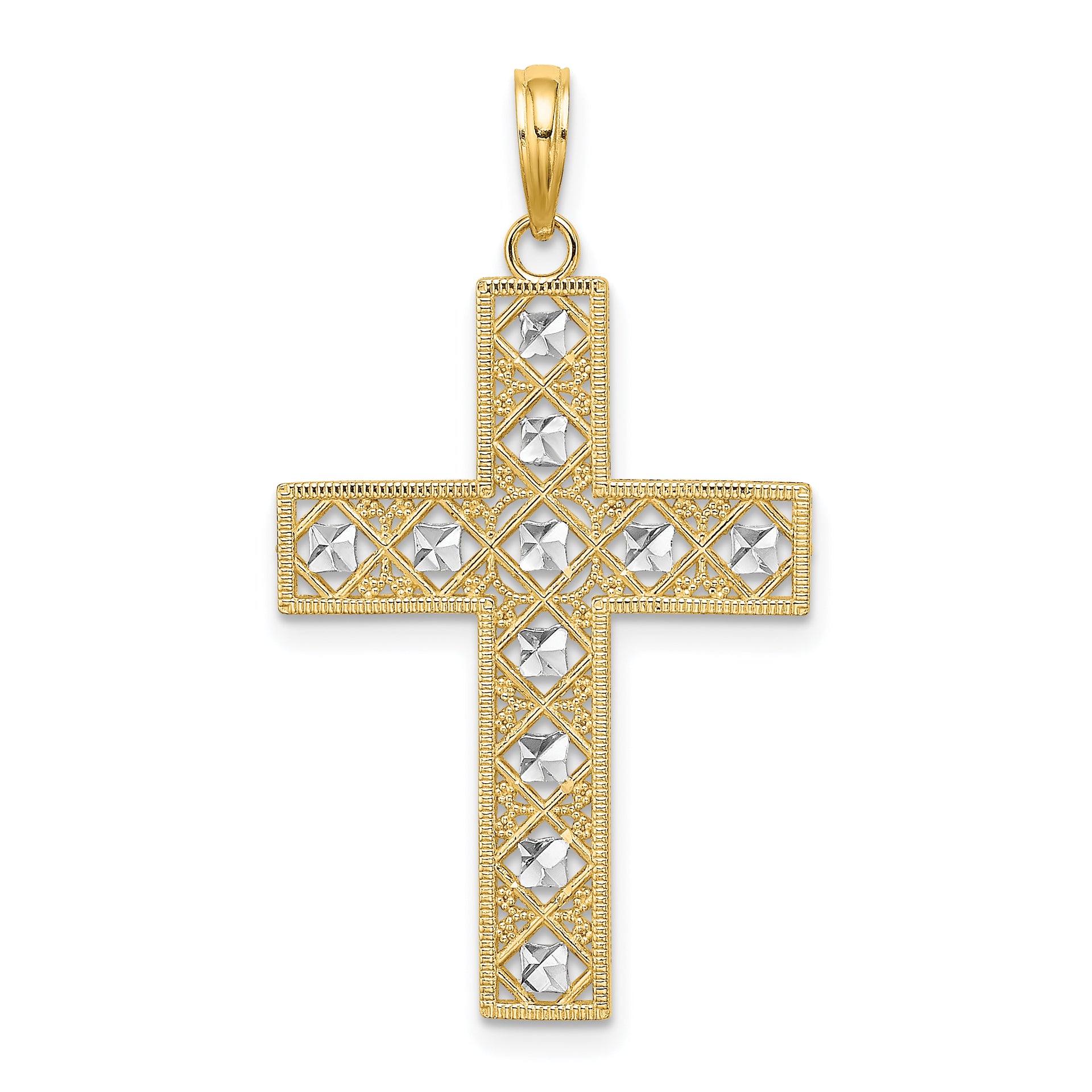 14K W/ Rhodium D/C and Cut-Out Cross Charm