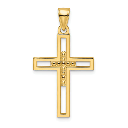 14k Beaded & Polished Double Cross Pendant