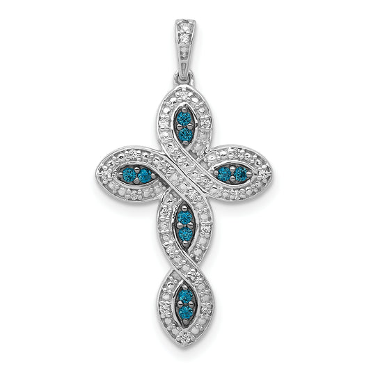 14k White Gold White and Blue Diamond Cross Pendant