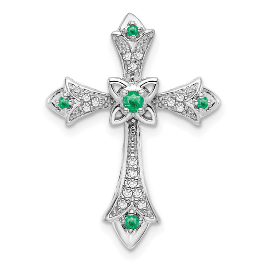 14k White Gold Emerald and Diamond Fleur de Lis Cross Chain Slide