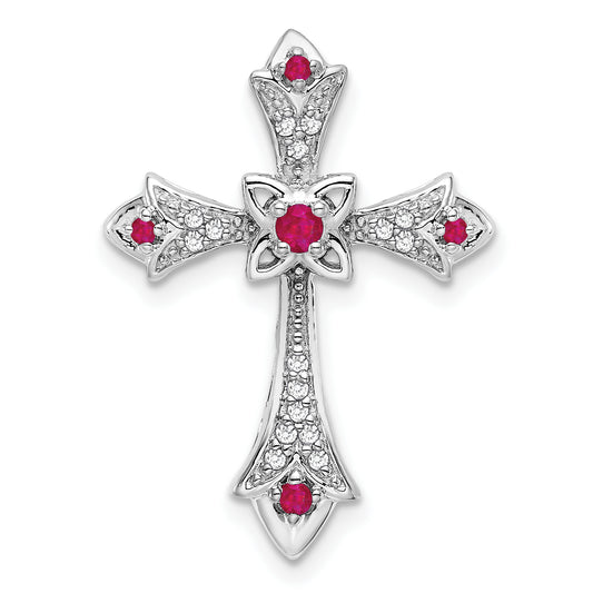 14k White Gold Ruby and Diamond Fleur de Lis Cross Chain Slide