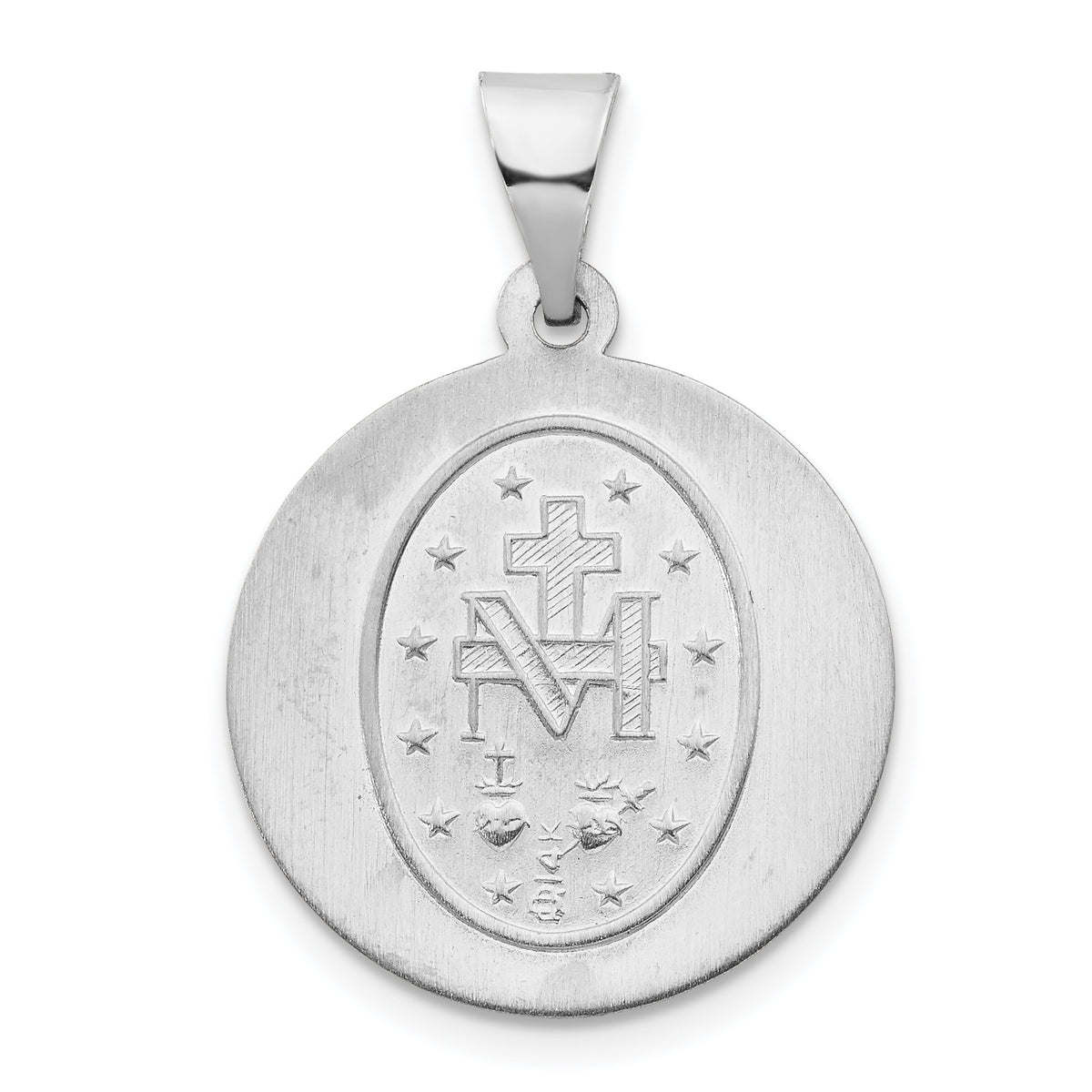14k White Gold Polished /Satin Miraculous Medal Hollow Pendant