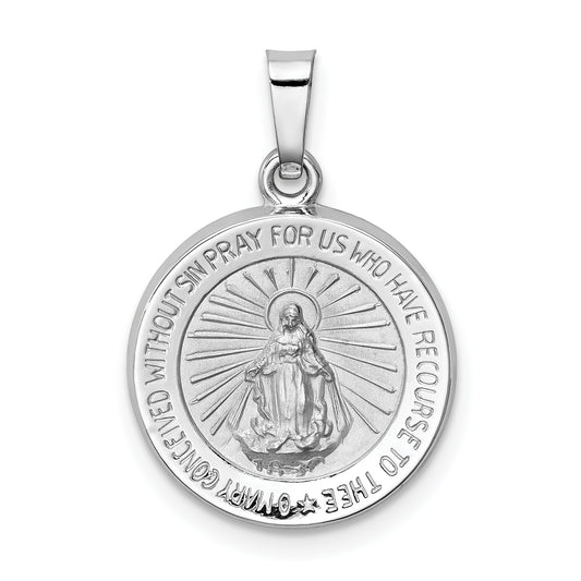 14k White Gold Polished / Satin Miraculous Medal Hollow Pendant