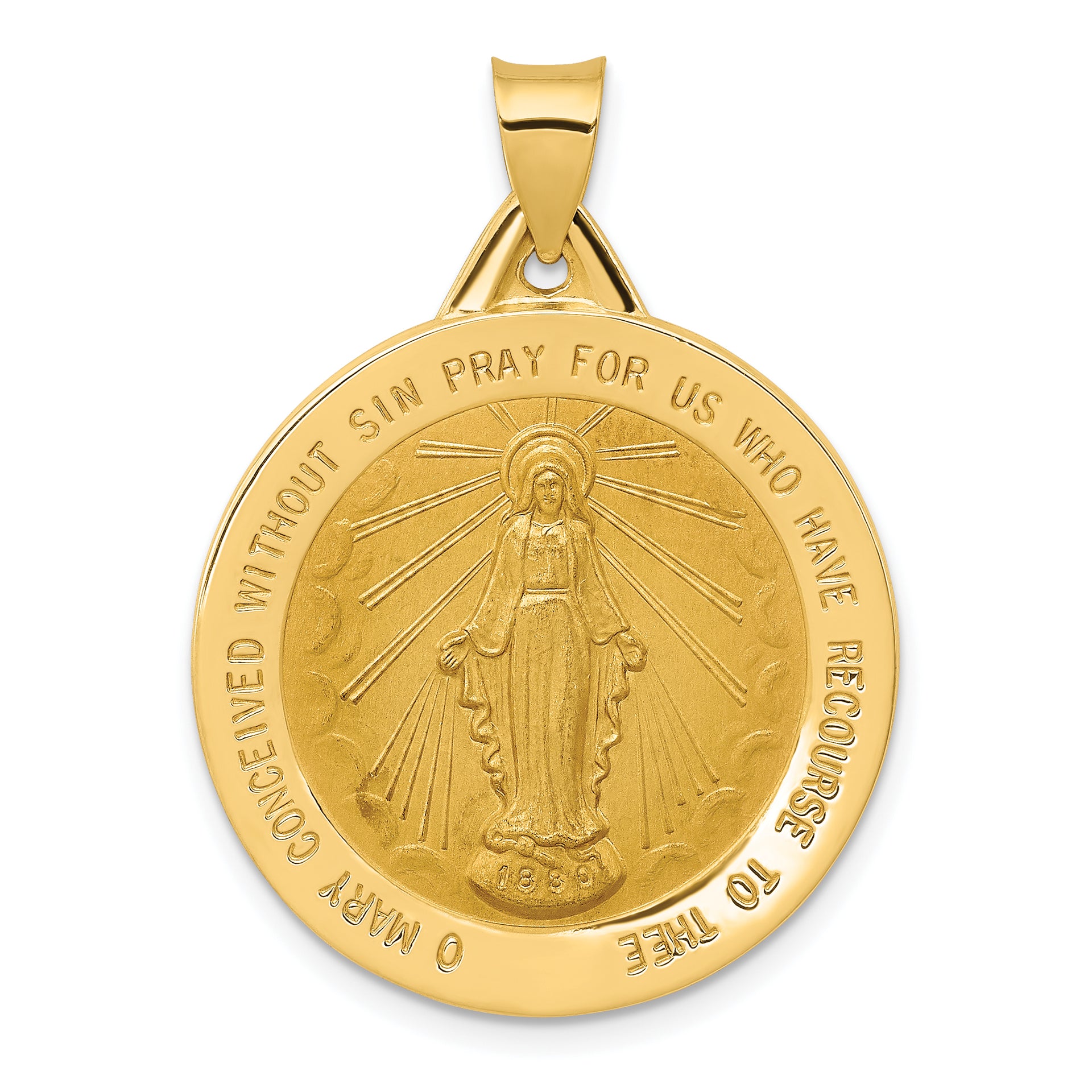 14k Polished and Satin Miraculous Medal Hollow Pendant