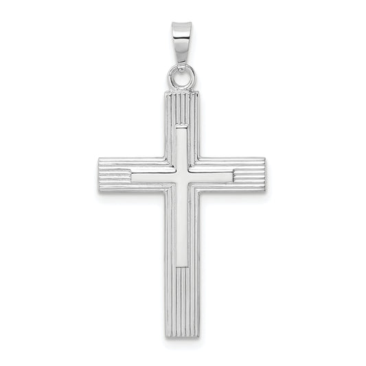 14k White Gold Polished Solid Striped Double Cross Pendant