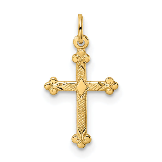 14k Polished and Textured Solid Diamond Shape Cross Pendant