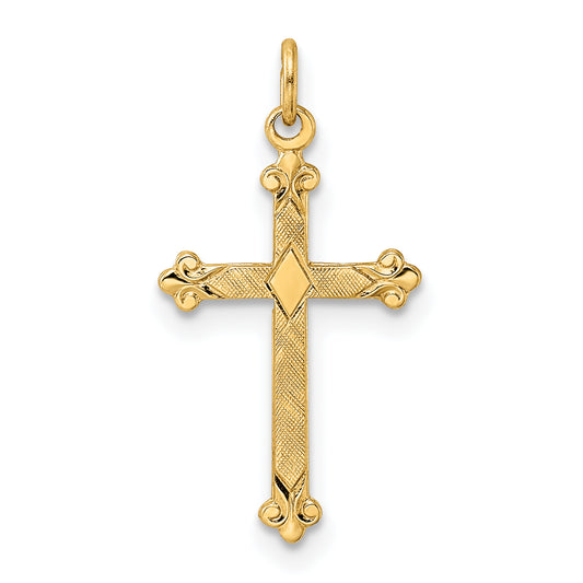 14k Polished and Textured Solid Diamond Shape Cross Pendant