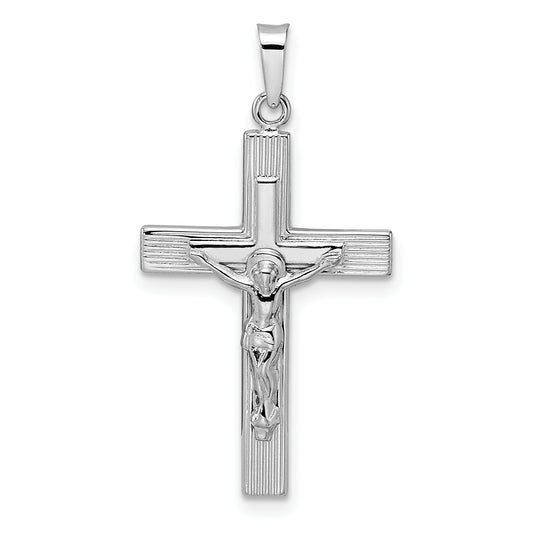 14k White Gold Polished Solid Striped Crucifix Pendant