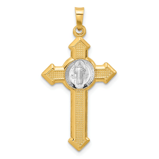 14k Two-tone Textured Hollow Budded St Benedict Cross Pendent