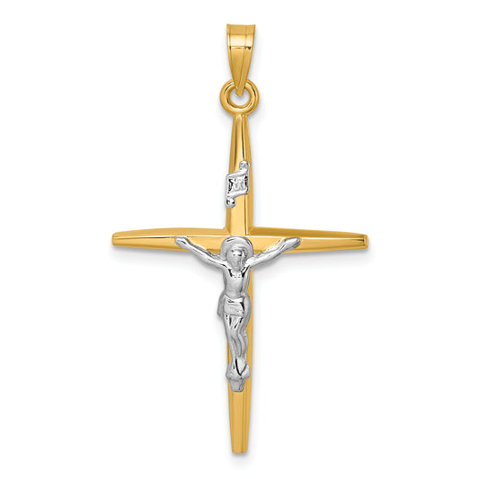14k with White Rhodium Polished INRI Crucifix Cross Pendant